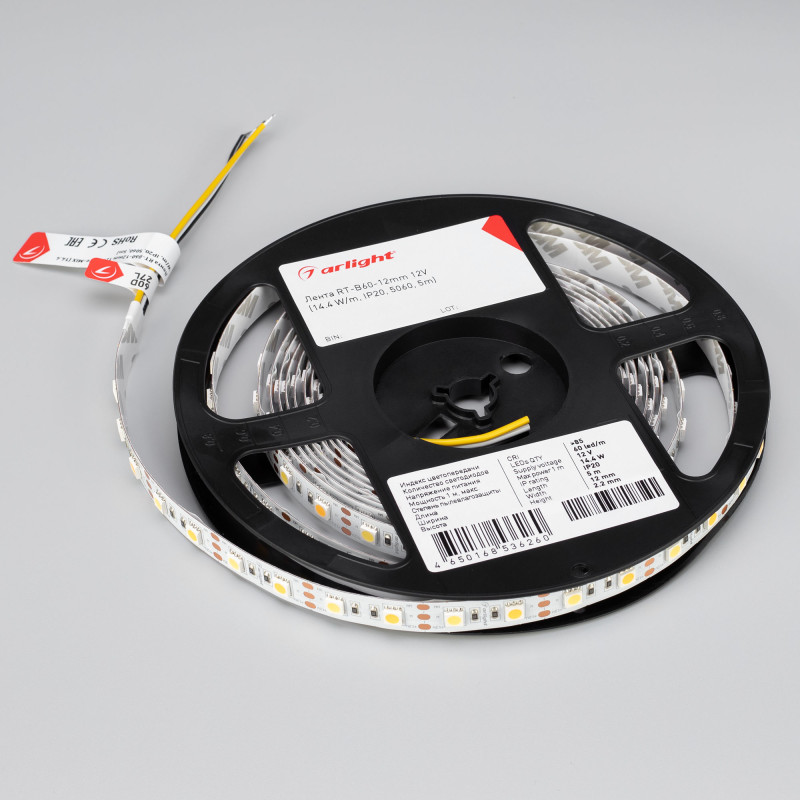 Лента RT-B60-12mm 12V White-MIX (14.4 W/m, IP20, 5060, 5m) (Arlight, Изменяемая ЦТ) 011093(2). Цена указана за 5 метров. Продается кратно 5 метрам.