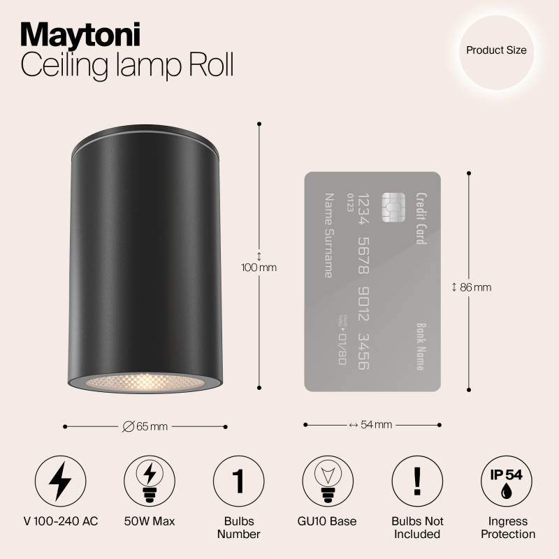 Светильник 7 см, Maytoni Roll O307CL-01B, черный, IP54