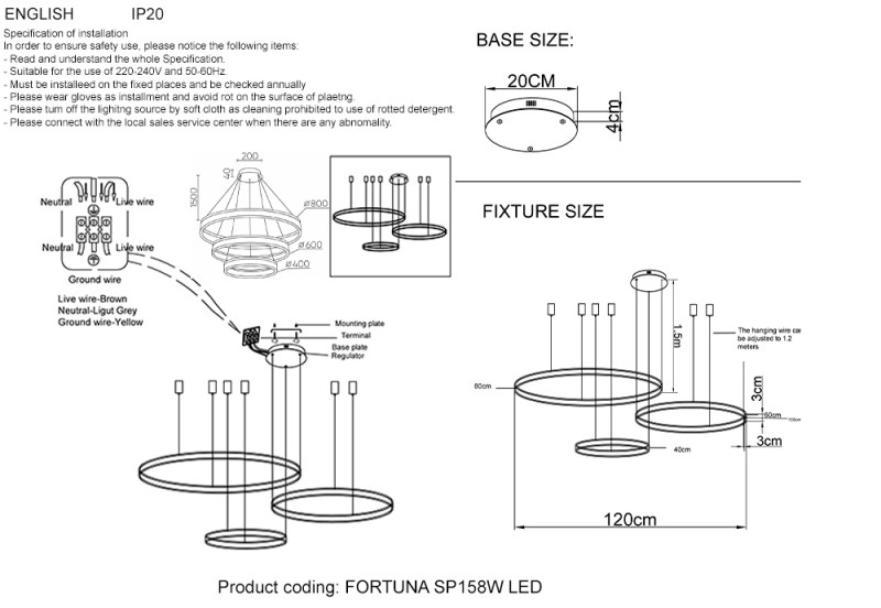 Светильник 120 см, 158W, 3000-6300K, Crystal Lux FORTUNA SP158W LED D400+600+800 GOLD, золото