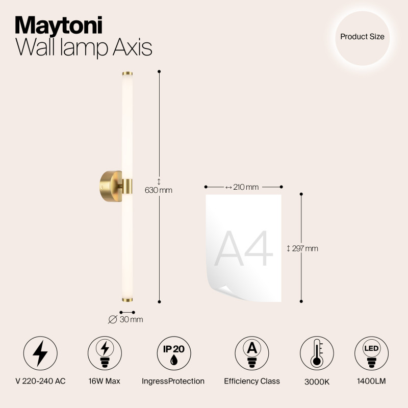 Бра 60 см, 16W, 3000K, Maytoni Axis MOD106WL-L16G3K, золото