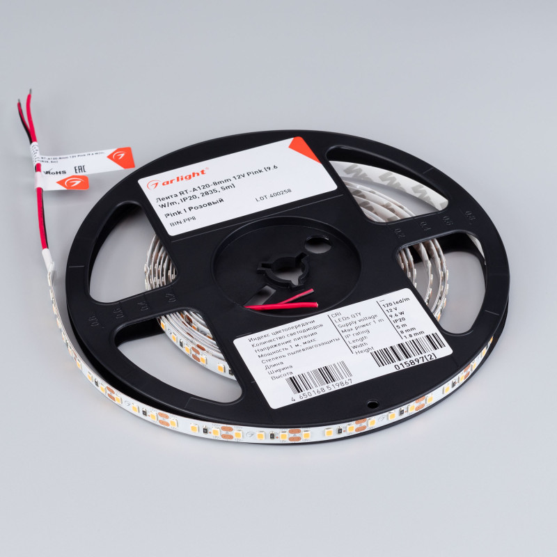 Лента RT-A120-8mm 12V Pink (9.6 W/m, IP20, 2835, 5m) (Arlight, Открытый) 015897(2). Цена указана за 5 метров. Продается кратно 5 метрам.