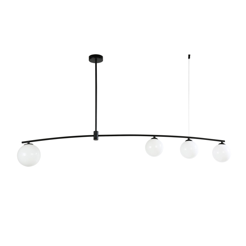 Подвесная люстра Favourite Equilibrium 4038-4P, L1400*W150*H700, каркас матового черного цвета, плафоны из выдувного белого стекла дуплекс, лампу G9 можно менять