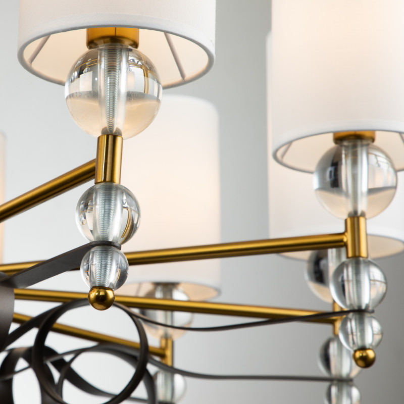 Подвесная люстра Favourite Opera 2994-10P, D980*H685/1680, латуни, декоративные металлические ленты темно-коричневого цвета, декоративные стеклянные шары на рожках, плафоны из ткани белого цвета