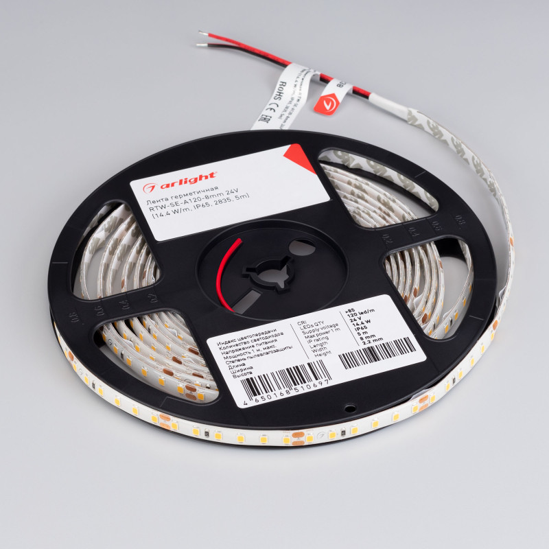 Лента герметичная RTW-SE-A120-8mm 24V Warm3000 (14.4 W/m, IP65, 2835, 5m), Arlight 020532(3). Цена указана за 5 метров. Продается кратно 5 метрам.