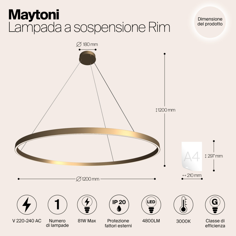 Светильник 120 см, 81W, 3000K Maytoni MOD058PL-L65BS3K, латунь