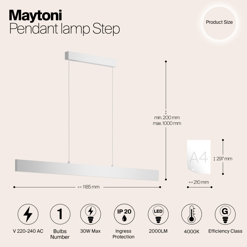 Светильник LED 120 см, 30W, 4000K Maytoni Step P010PL-L30W4K, белый