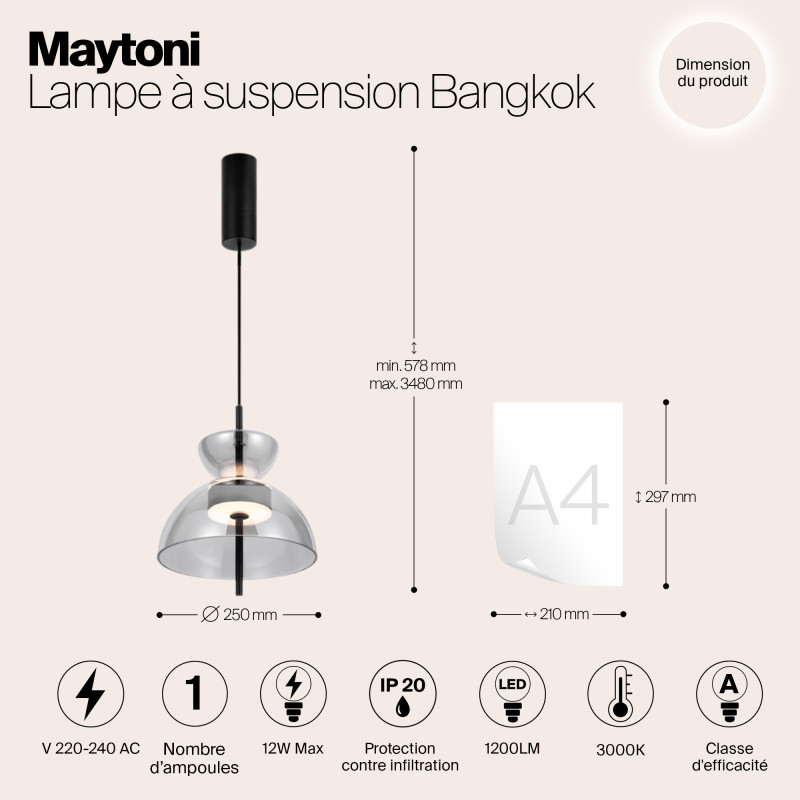 Подвесной светильник  25*57,8 см, LED 1 12W, 3000К, Черный Maytoni Bangkok MOD185PL-L6B3K5