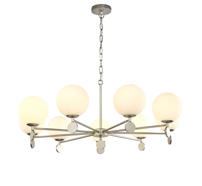 Подвесная люстра Favourite Absolute 2929-9P, D910*H365/1540, античного серебра, плафоны из стекла цвета опала, люстру можно монтировать плафонами вверх или вниз