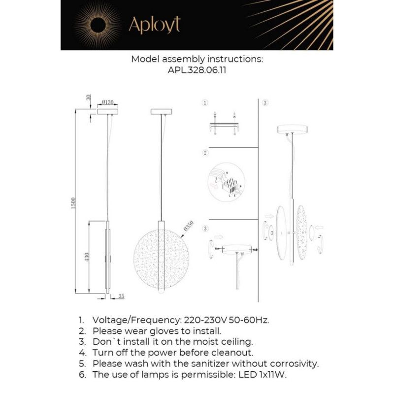 Подвесной светильник 35*60-180 см, 1*LED, 11W, 4000K, Aployt Lorentayn APL.328.06.11, латунный