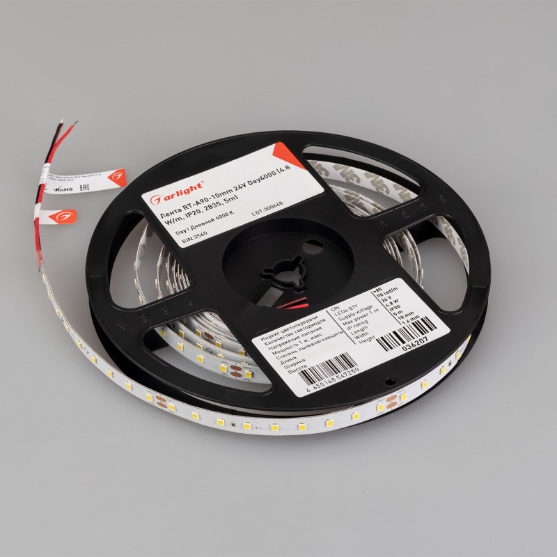 Лента RT-A90-10mm 24V Day4000 (4.8 W/m, IP20, 2835, 5m) (Arlight, высок.эфф.200 лм/Вт) 036207. Цена указана за 5 метров. Продается кратно 5 метрам.