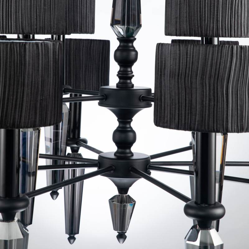 Подвесная люстра Favourite Graph 2965-12P, D900*H745/1745, матовый черный, плафоны из черной органзы, декоративные элементы из хрусталя серо-дымчатого цвета