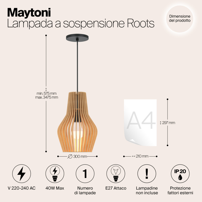 Светильник 30 см, Maytoni Roots MOD191PL-01W1, черный-дерево