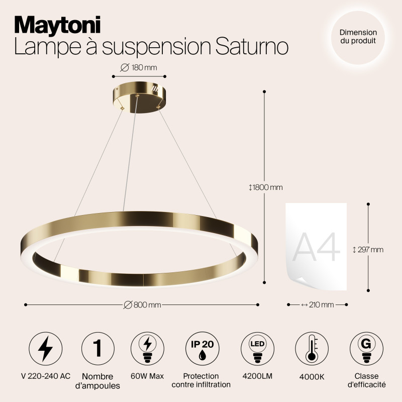 Светильник 80 см, 60W, 4000K Maytoni Saturno MOD415PL-L60BS4K, латунь
