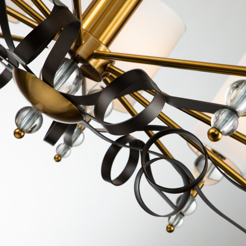 Подвесная люстра Favourite Opera 2994-10P, D980*H685/1680, латуни, декоративные металлические ленты темно-коричневого цвета, декоративные стеклянные шары на рожках, плафоны из ткани белого цвета