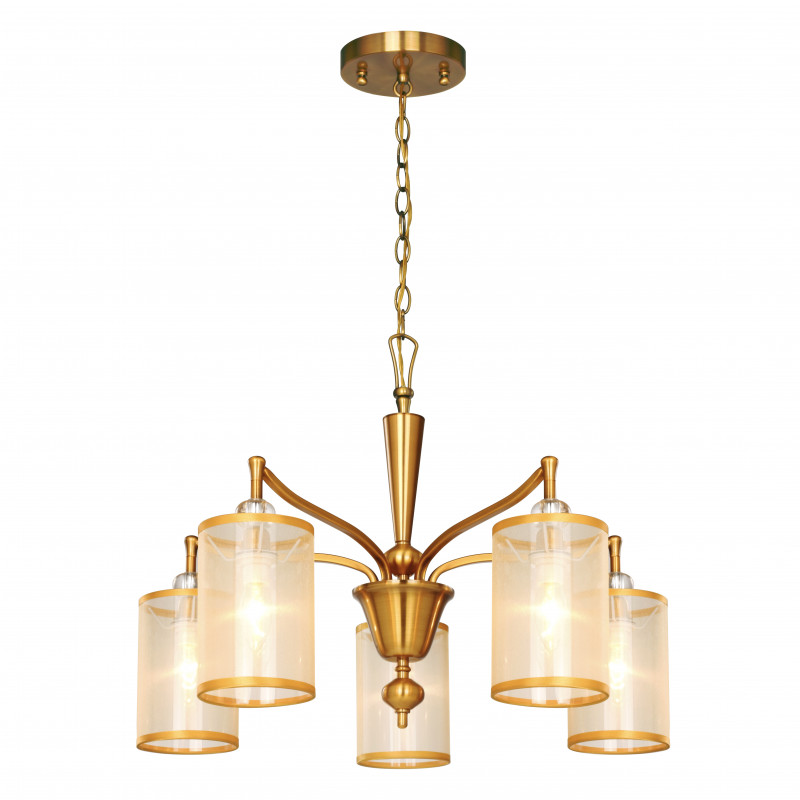 Подвесная люстра Favourite Laguna 2697-5P, D680*H500/1125, античной латуни, абажуры из органзы цвета шампанского, декоративные элементы из прозрачного стекла, люстру можно монтировать как плафонам