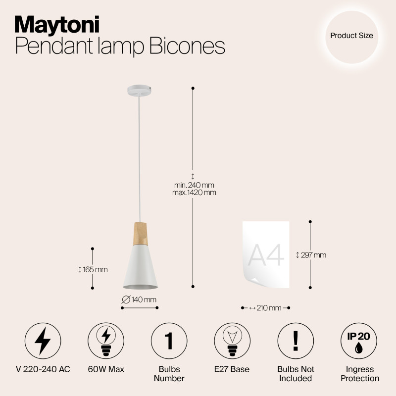 Подвесной светильник Maytoni Bicones P359-PL-140-W, диаметр 14см, белый, светлое дерево