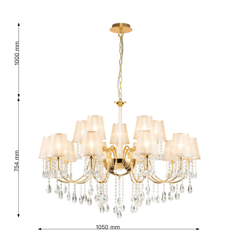 Подвесная люстра Favourite Cutie 2868-15P, D1050*H755/1755, Каркас золотого цвета, плафоны из органзы янтарного цвета с отделкой золотой тесьмой, декоративные элементы из хрусталя