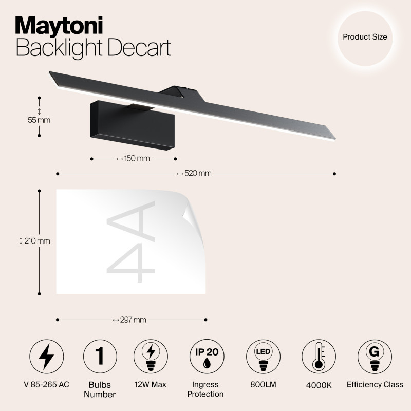 Подсветка 52 см Maytoni Mirror Decart MIR010WL-L12B4K, 12W LED, 4000K, черный