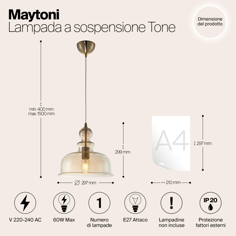 Подвесной светильник Maytoni Tone P001PL-01BZ, янтарный, диаметр 30 см