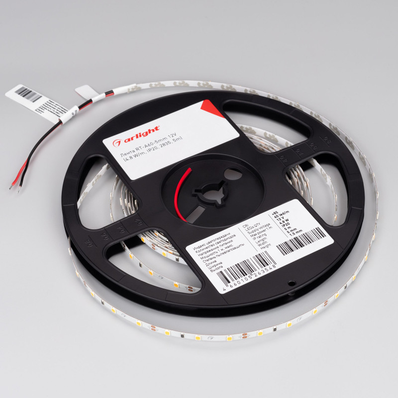 Лента RT-A60-5mm 12V Warm2700 (4.8 W/m, IP20, 2835, 5m) (Arlight, 4.8 Вт/м, IP20) 028615(2). Цена указана за 5 метров. Продается кратно 5 метрам.