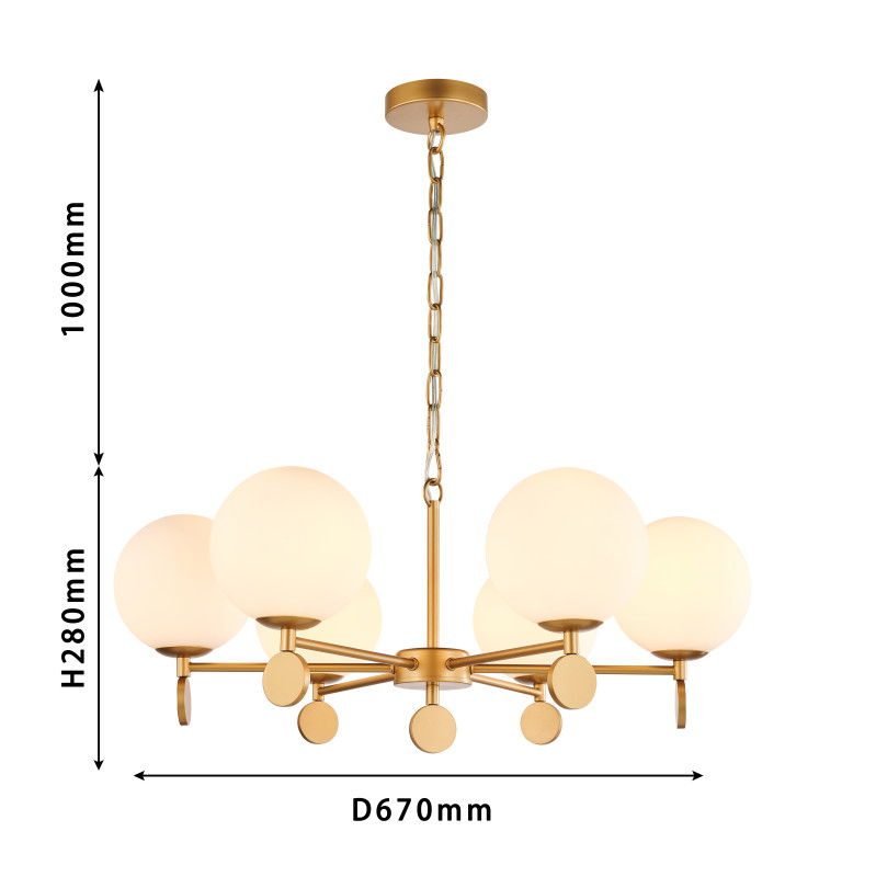 Подвесная люстра Favourite Absolute 2928-6P, D670*H280/1450, каркас золотого цвета, плафоны из стекла цвета опала, люстру можно монтировать плафонами вверх или вниз