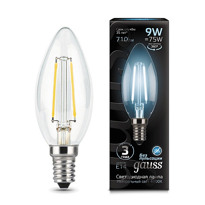 103801209 Лампа Gauss Filament Свеча 9W 710lm 4100К Е14 LED 1/10/50