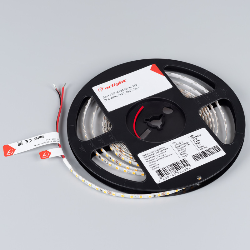 Лента RT-A120-5mm 24V Warm3000 (9.6 W/m, IP20, 2835, 5m) (Arlight, узкая) 024105(2). Цена указана за 5 метров. Продается кратно 5 метрам.