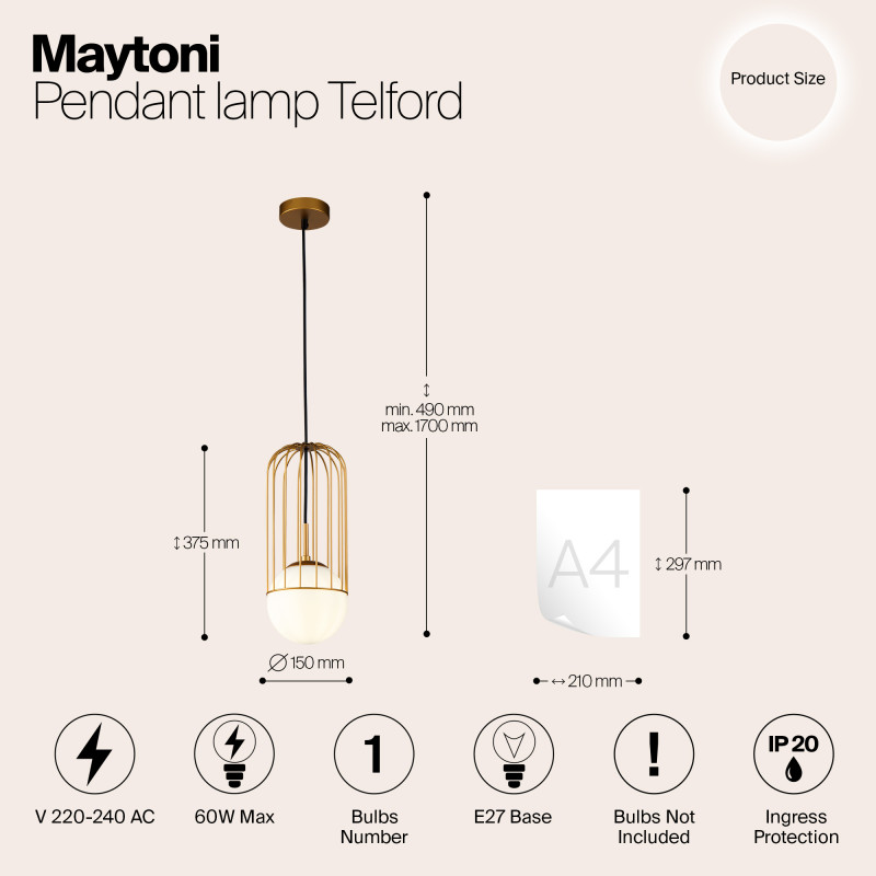 Подвесной светильник Maytoni Telford P362PL-01G, золото, диаметр 15 см