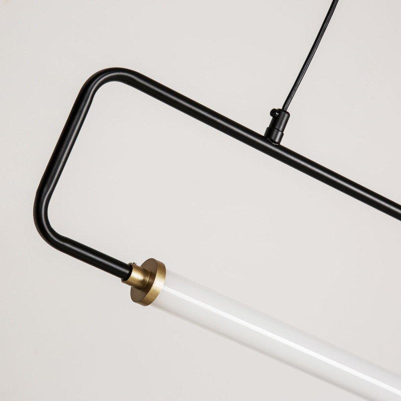 Подвесная люстра Favourite Inspire 4100-1P, L1000*W30*H150/1650, каркас матового черного цвета с золотыми декоративными элементами, белый акриловый рассеиватель, часть каркаса фиксируется тросиком для баланса