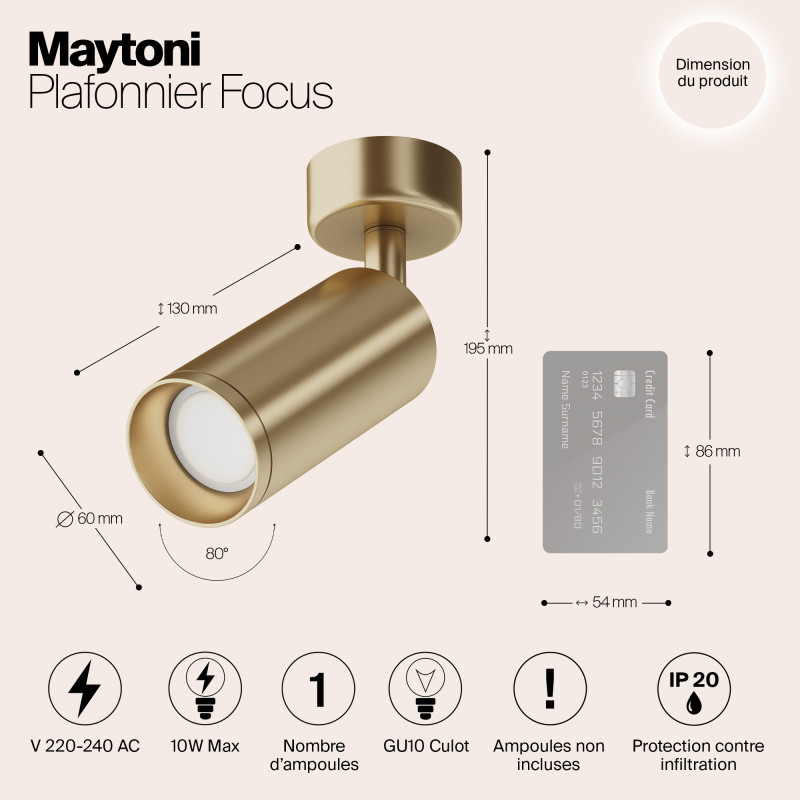 Светильник 7*7 см, GU10 50W, Maytoni Focus C017CW-01MG, матовое золото
