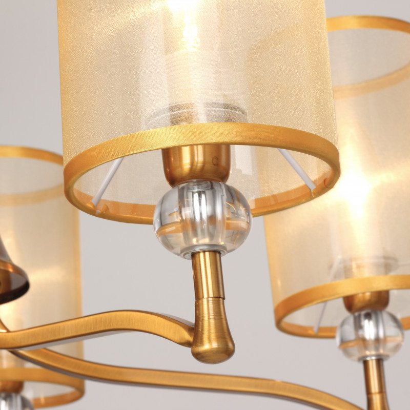 Подвесная люстра Favourite Laguna 2697-5P, D680*H500/1125, античной латуни, абажуры из органзы цвета шампанского, декоративные элементы из прозрачного стекла, люстру можно монтировать как плафонам