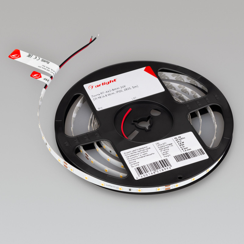 Лента RT-A60-8mm 24V Warm2700 CRI98 (4.8 W/m, IP20, 2835, 5m) (Arlight, 4.8 Вт/м, IP20) 021414(2). Цена указана за 5 метров. Продается кратно 5 метрам.