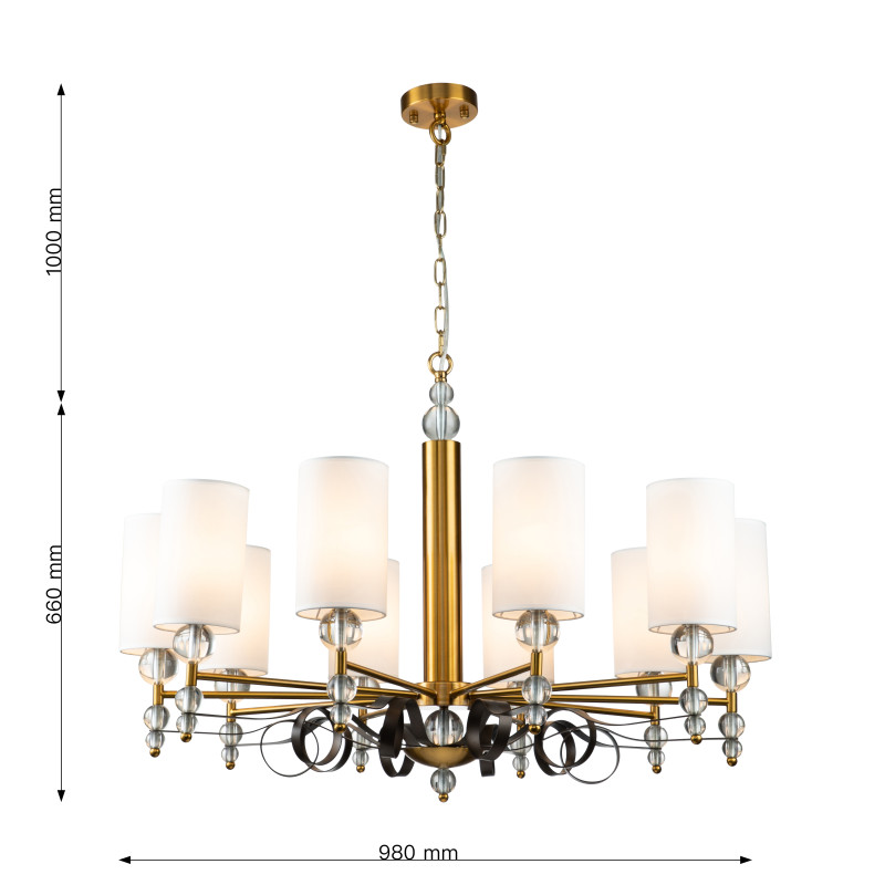 Подвесная люстра Favourite Opera 2994-10P, D980*H685/1680, латуни, декоративные металлические ленты темно-коричневого цвета, декоративные стеклянные шары на рожках, плафоны из ткани белого цвета