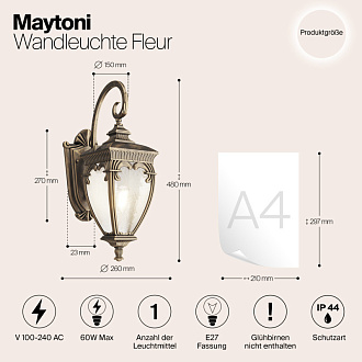 Светильник 48 см, Maytoni Fleur O414WL-01GB, черный с золотом