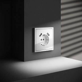 Розетка встраиваемая Voltum S70 с заземлением и защитными шторками, 16А, с USB, A+A, белый  пластик  VLS040401