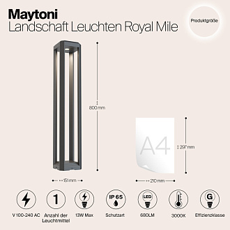 Ландшафтный светодиодный светильник 80 см Maytoni Royal Mile O019FL-L12GR3K, 13W LED, 3000K, серый