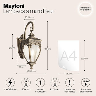 Светильник 48 см, Maytoni Fleur O414WL-01GB, черный с золотом