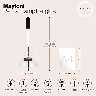 Подвесной светильник  25*57,8 см, LED 1 12W, 3000К, Черный Maytoni Bangkok MOD185PL-L6B3K2