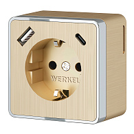 W5071710 Розетка с заземлением, шторками и USB тип A+C Gallant, шампань рифленый Werkel, 4690389179631