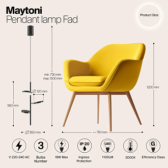 Светодиодный светильник 35 см, 18W, 3000K, Maytoni Fad MOD070PL-L18B3K, черный-хром