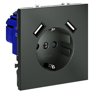 Розетка встраиваемая Voltum S70 с заземлением и защитными шторками, 16А, с USB, A+A, титан пластик Soft touch VLS040406