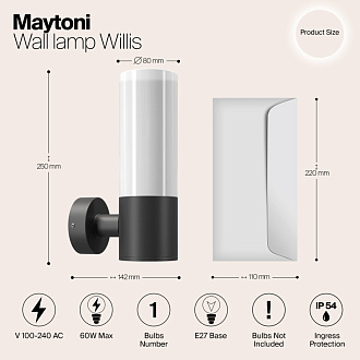 Светильник 25 см, Maytoni Willis O418WL-01B, черный