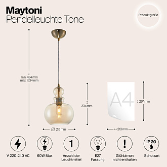 Подвесной светильник Maytoni Tone P003PL-01BZ, янтарный, диаметр 22 см