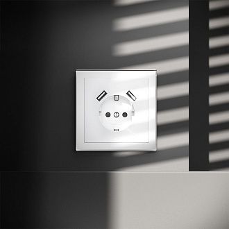 Розетка встраиваемая Voltum S70 с заземлением и защитными шторками, 16А, с USB, A+A, белый  пластик  VLS040401