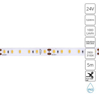 Светодиодная влагозащищенная Лента 24V, 9,6W, 5000lm,3000К, IP65, Arte Lamp Aqua Tape A2412008-04-3K, Белый, цена за катушку 5 метров