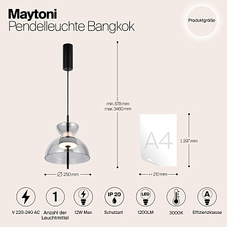 Подвесной светильник  25*57,8 см, LED 1 12W, 3000К, Черный Maytoni Bangkok MOD185PL-L6B3K5