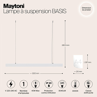 Подвесной светодиодный светильник 120 см Maytoni Vinder P051PL-L40W4K, 40W LED, 4000K, белый