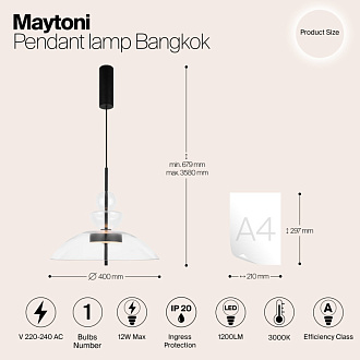 Подвесной светильник  40*67,9 см, LED 1 12W, 3000К, Черный Maytoni Bangkok MOD185PL-L6B3K3