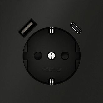 Розетка встраиваемая Voltum S70 с заземлением и защитными шторками, 16А, с USB, A+С, черный матовый пластик Soft touch VLS040508