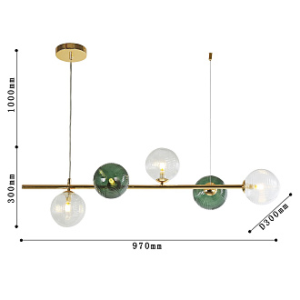 Подвесная люстра F-Promo Infilato 4035-5P, L970*W300*H300/1300, светлого золота, стеклянные плафоны прозрачного и зеленого цвета, лампу G9 можно менять